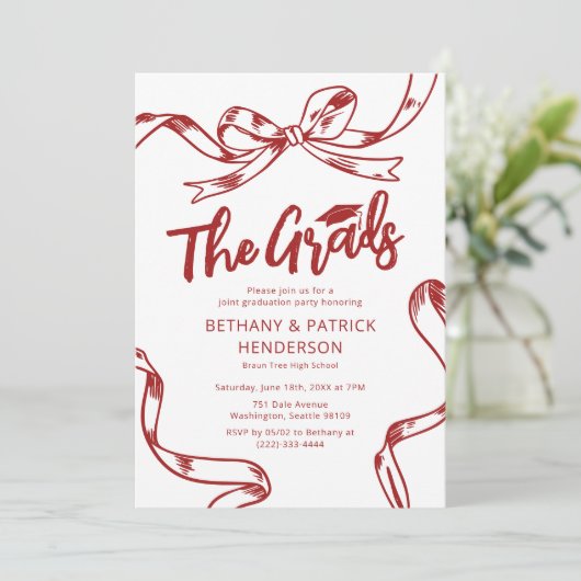 Doodle Red Bow Joint Graduation Party Kaart (Staand voorkant)