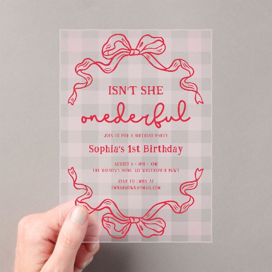 Doodle Red en Pink Bow Baby Girl 1e verjaardag Acryl Uitnodigingen (Insitu (Draagbaar))