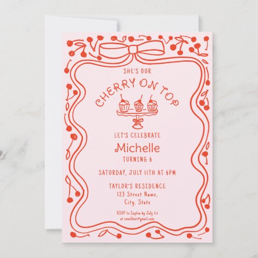 Doodle Red Pink Bow Cherry op Top Girl Verjaardag Kaart (Voorkant)