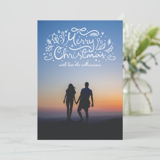 Doodle Ribbon Vrolijk Kerstfeest Foto Feestdagenkaart (Staand voorkant)