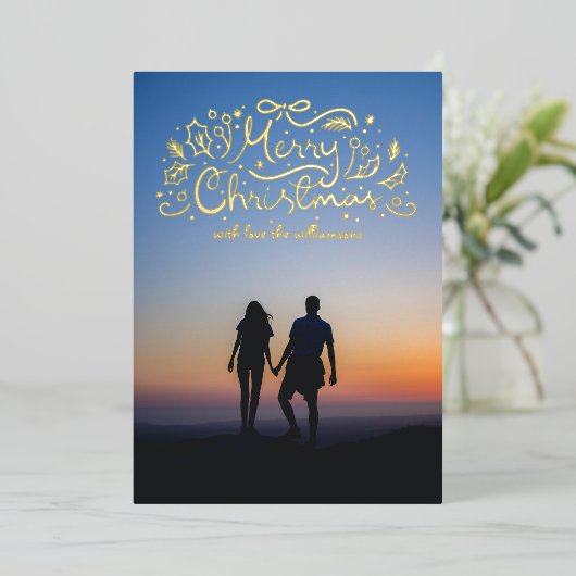 Doodle Ribbon Vrolijk Kerstfeest Foto Folie Feestdagenkaart (Staand Voorkant)