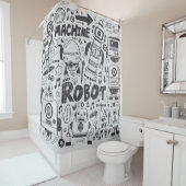 Doodle Robot Illustrator Tekening Douchegordijn (In situ)