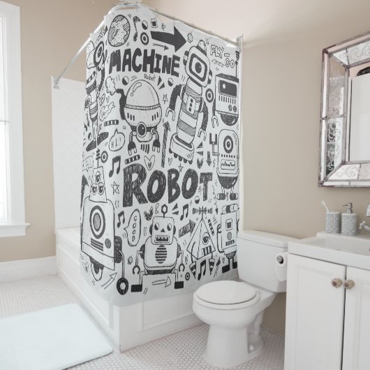 Doodle Robot Illustrator Tekening Douchegordijn (In situ)