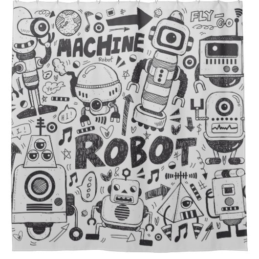 Doodle Robot Illustrator Tekening Douchegordijn (Voorkant)