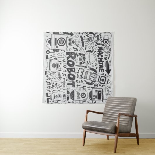 Doodle Robot Illustrator Tekening Wandkleed (In Situ (horizontaal))