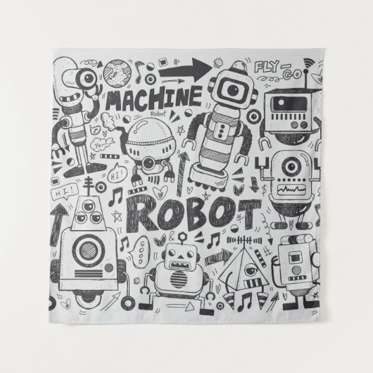Doodle Robot Illustrator Tekening Wandkleed (Voorkant)