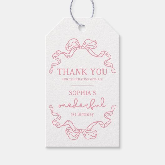 Doodle Roze Bow Baby Meisje 1e Verjaardag Cadeaulabel (Voorkant)