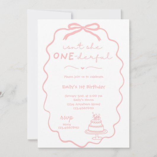 Doodle Roze Bow Baby Meisje 1e verjaardag Coquette Kaart (Voorkant)