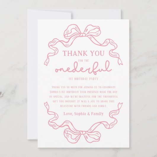 Doodle Roze Bow Baby Meisje 1e Verjaardag Foto Bedankkaart (Voorkant)