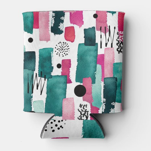 Doodle roze en groene waterverf lijnen. blikjeskoeler (Voorkant)