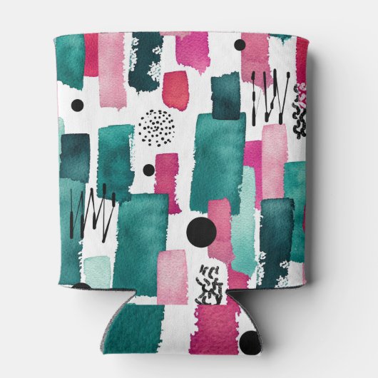 Doodle roze en groene waterverf lijnen. blikjeskoeler (Achterkant)