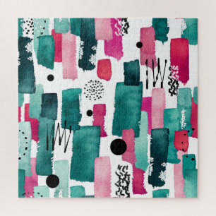 Doodle roze en groene waterverf lijnen. legpuzzel