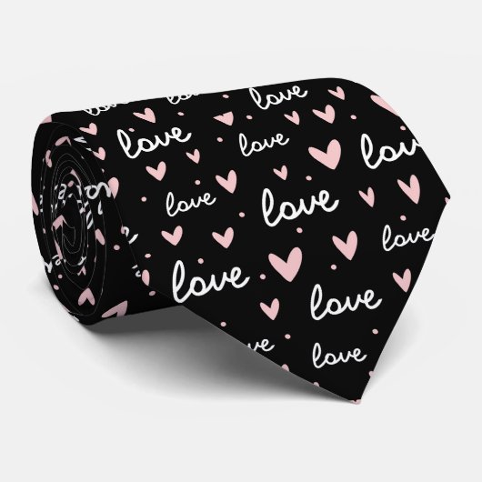 Doodle roze hart liefdespatroon zwarte achtergrond stropdas (Opgerold)