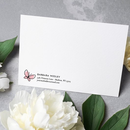 DOODLE ROZE VLINDER WHIMSICAL MONOGRAM NOTITIEKAARTJE