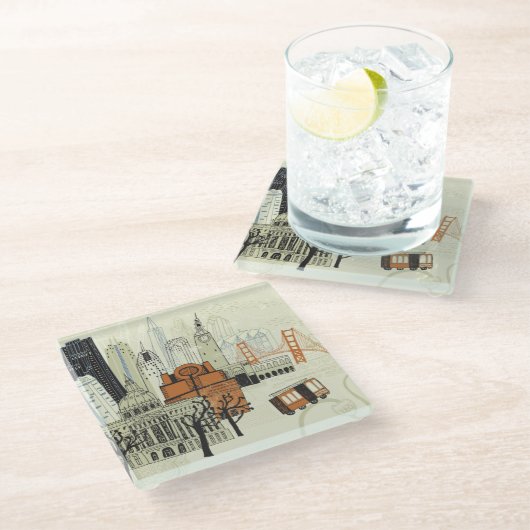 Doodle San Francisco Scene Glazen Onderzetter (Schuin)