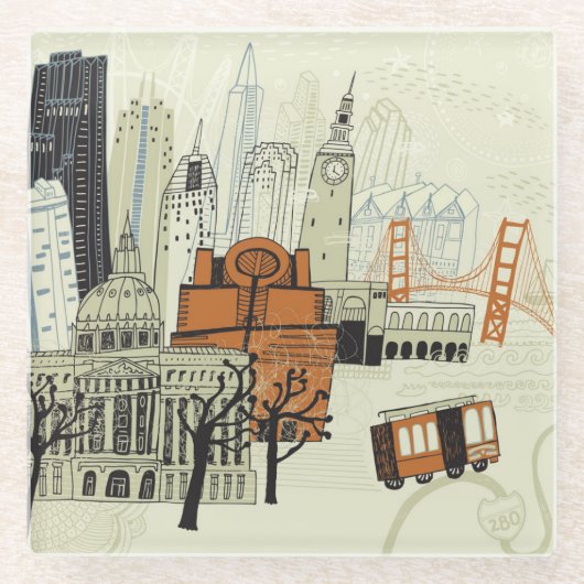 Doodle San Francisco Scene Glazen Onderzetter (Voorkant)