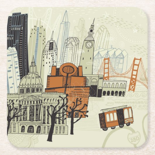 Doodle San Francisco Scene Kartonnen Onderzetters (Voorkant)