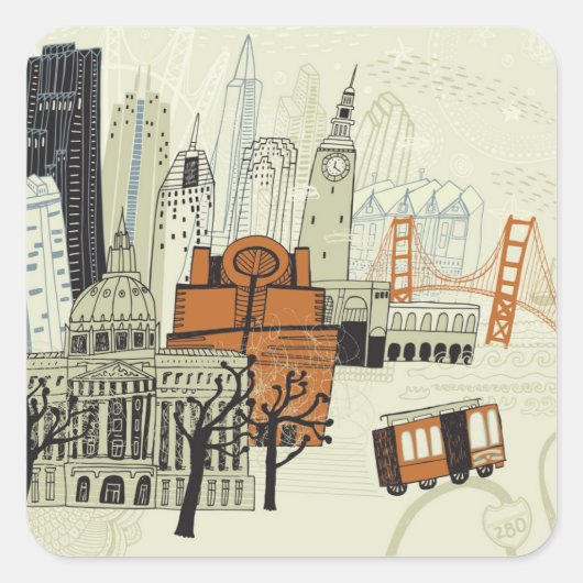 Doodle San Francisco Scene Vierkante Sticker (Voorkant)