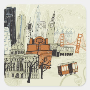 Doodle San Francisco Scene Vierkante Sticker