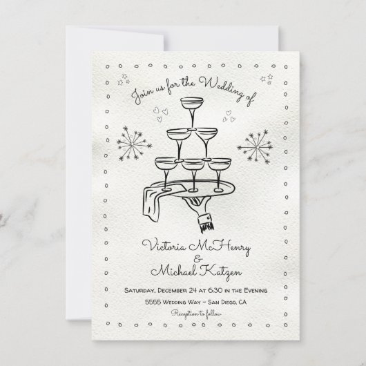 Doodle schets Funky Champagne bruiloft Kaart (Voorkant)