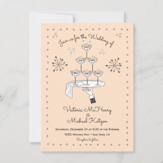 Doodle schets Funky Champagne bruiloft Kaart (Voorkant)