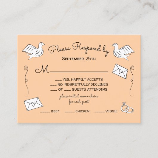 Doodle Schets Funky liefde vogels trouwringen RSVP Visitekaartje (Voorkant)