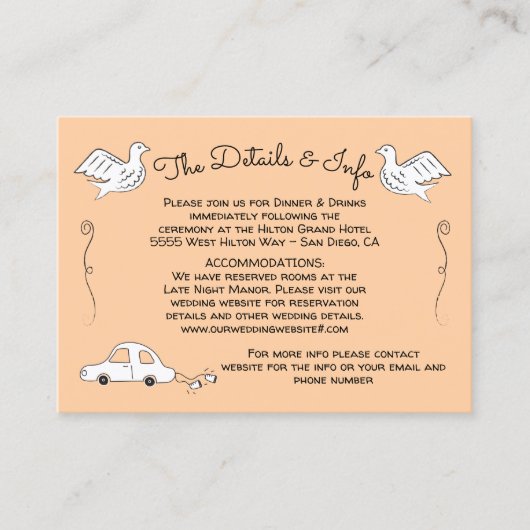 Doodle Schets Funky vogels Bruiloft Details Info Visitekaartje (Voorkant)