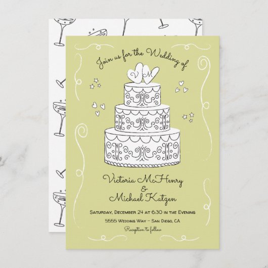 Doodle schets Funky Wedding Cake Kaart (Voorkant / Achterkant)