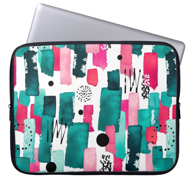 Doodle Seamless Pattern van Waterverf Roze en Gre Laptop Sleeve (Voorkant)