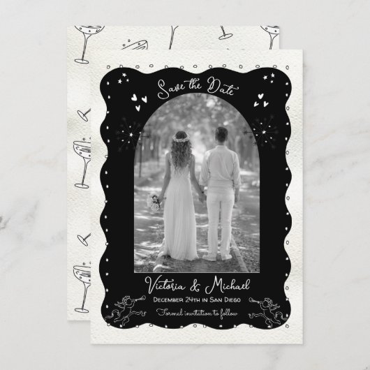 Doodle Sketch Cherub Funky Save the Date Arch Kaart (Voorkant / Achterkant)