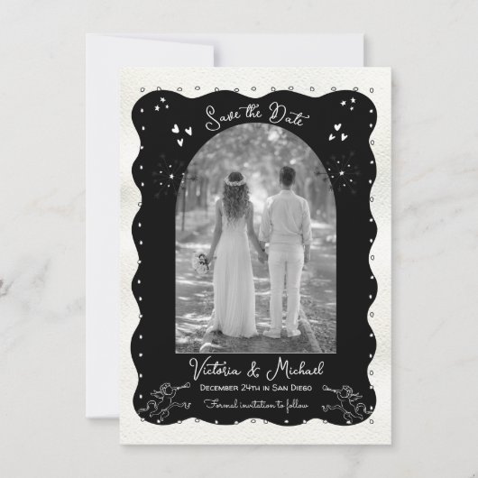 Doodle Sketch Cherub Funky Save the Date Arch Kaart (Voorkant)
