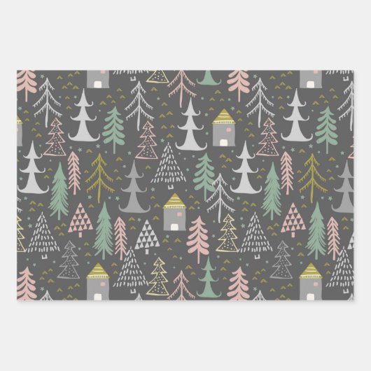 Doodle Sketch Skandi-kerstbomen set van 3 Inpakpapier Vel (Voorkant 2)