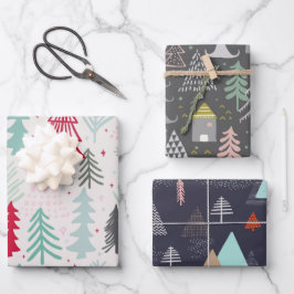 Doodle Sketch Skandi-kerstbomen set van 3 Inpakpapier Vel