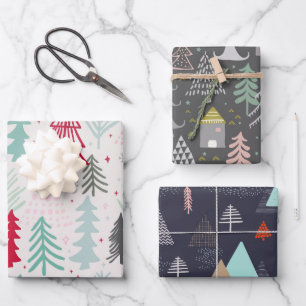 Doodle Sketch Skandi-kerstbomen set van 3 Inpakpapier Vel