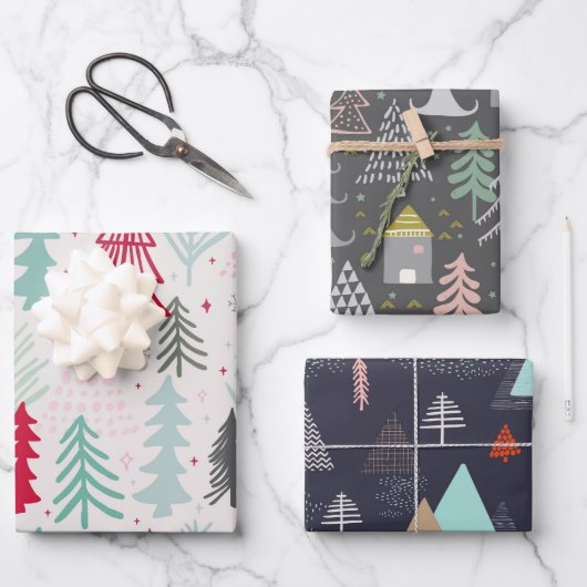 Doodle Sketch Skandi-kerstbomen set van 3 Inpakpapier Vel (Voorkant)