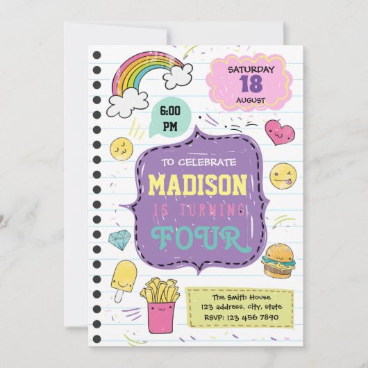 Doodle sleepover party uitnodiging (Voorkant)