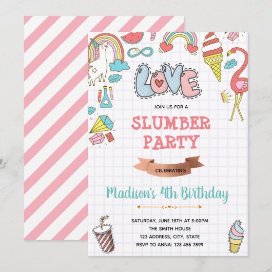 Doodle slumparty verjaardagsuitnodiging kaart (Voorkant / Achterkant)