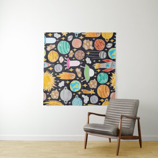 Doodle Space: Handgetekende kosmos. Wandkleed (In Situ (horizontaal))
