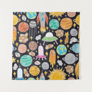 Doodle Space: Handgetekende kosmos. Wandkleed