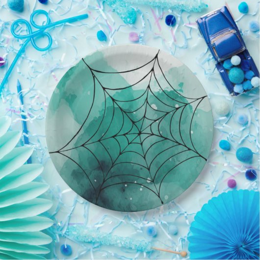 Doodle Spiderweb op groen Papieren Bordje (Feest)