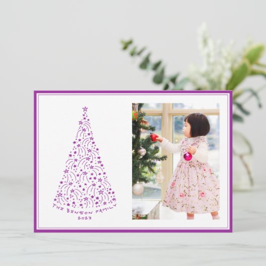 Doodle Star Boom Paars Kerstkaart (Staand voorkant)