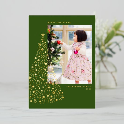 Doodle Star Tree Green Vertical Real Folie Holiday Folie Feestdagenkaart (Staand Voorkant)