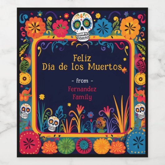 💀🎉Doodle stijl Día de Muertos Party Wijn Etiket (Enkel label)