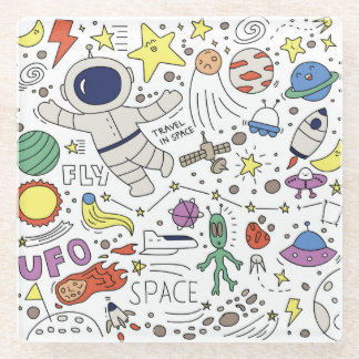 Doodle stijl, ruimte thema illustratie. glazen onderzetter