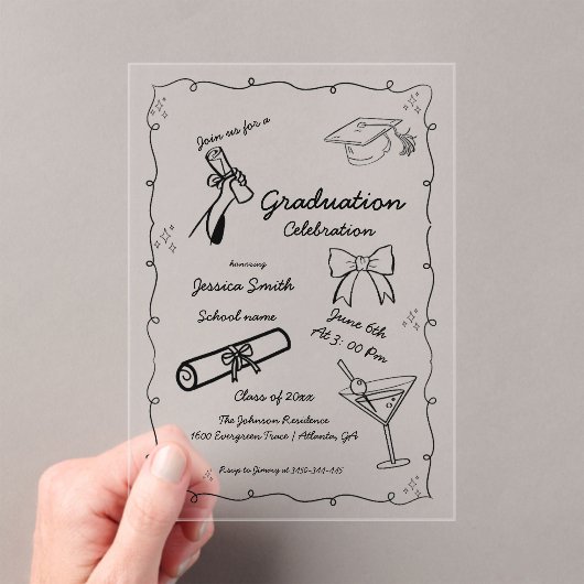 Doodle Style Hand getrokken Afstuderen Acryl Uitnodigingen (Insitu (Draagbaar))