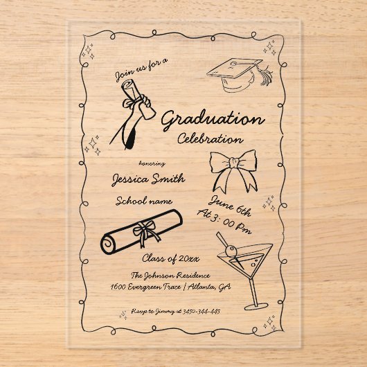 Doodle Style Hand getrokken Afstuderen Acryl Uitnodigingen (Voorkant)