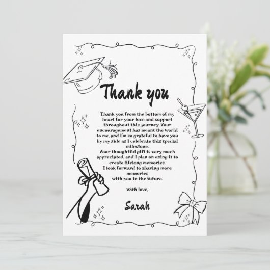 Doodle Style Hand getrokken Afstuderen Dank u kaar Kaart (Staand voorkant)