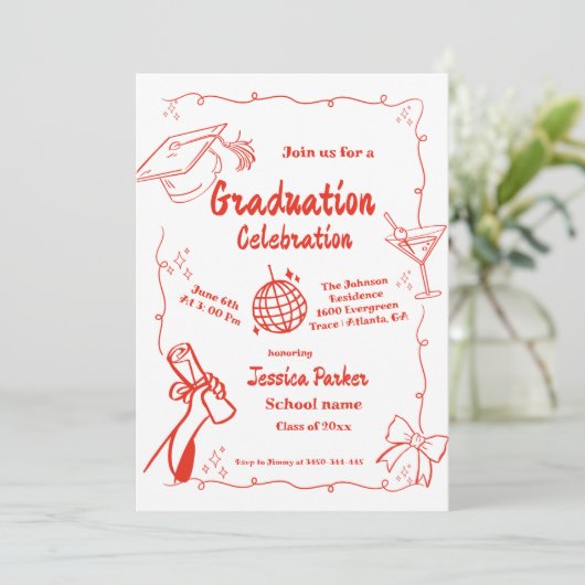 Doodle Style Hand getrokken Afstuderen Uitnodiging (Staand voorkant)