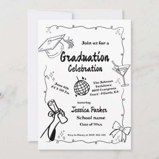 Doodle Style Hand getrokken Afstuderen Uitnodiging (Voorkant)