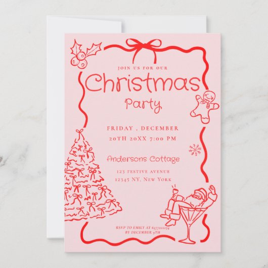 Doodle Whimsical Rood Roze Kerstfeest Kaart (Voorkant)